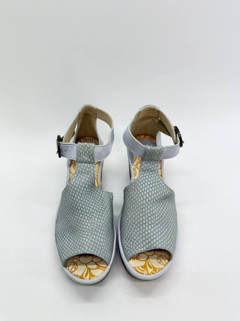 FLY London Leather Wedge Sandals Blue Gray Ankle Strap Women's EU 36 US 5.5